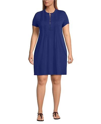 Lands' End Plus Cotton Modal Pintuck Short Sleeve Dress