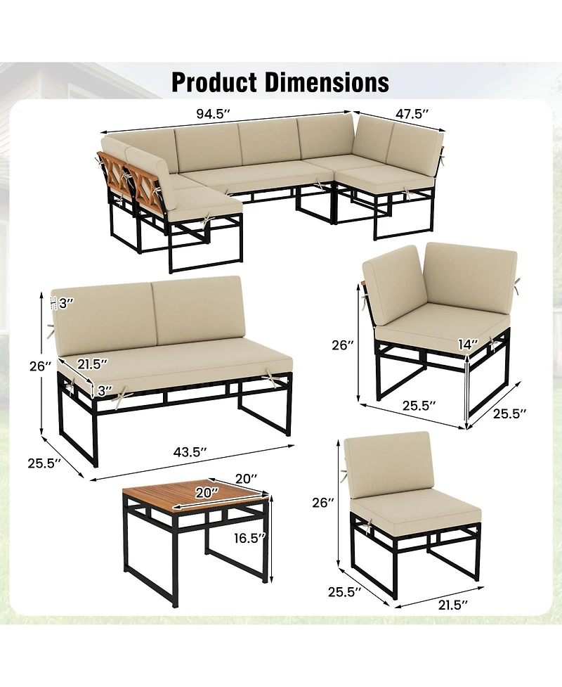 Gymax Set Of 6 Outdoor Sectional Sofa Set Metal Conversation Set w/ Bungee Rope Seat