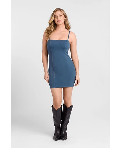 S3 Apparel Women's Denim Straight Neck Sculpting Mini Dress with Built-In Shapewear