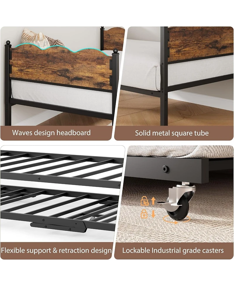 gaomon Twin Daybed with Trundle, Industrial Wood Grain Headboard, Steel Slats Support Sofa Bed for Bedroom