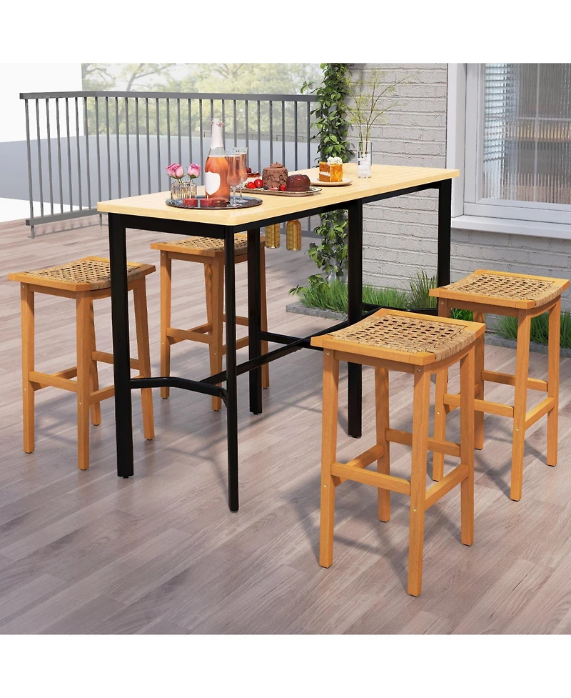 sumyeg Set of 2 Outdoor Acacia Wood Bar Stools with Pe Rattan Seats and Backs