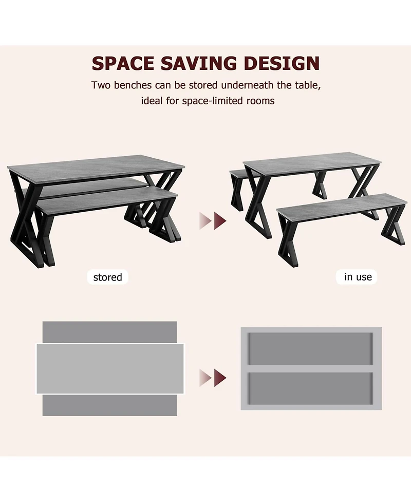 gaomon 4-Person Space-Saving Dining Table Set with 2 Benches and Sturdy Metal Frame, for Kitchen and Apartment