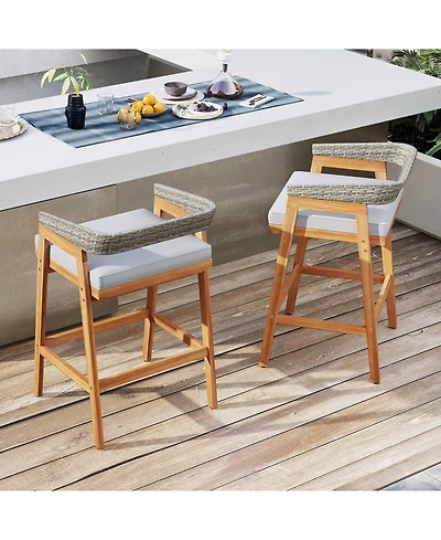 sumyeg Set of 2 Patio Acacia Wood Counter Height Bar Stools with Cushions and Wicker Backs