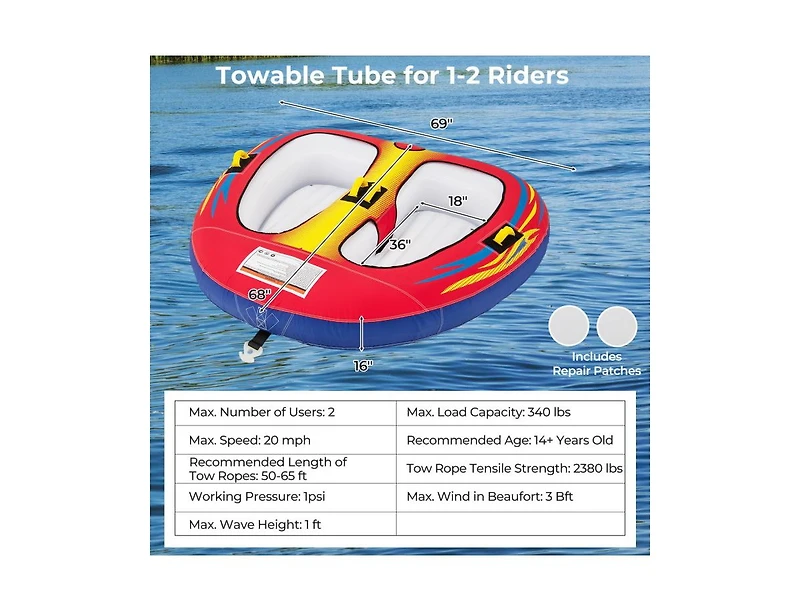 Hongge 1 or 2 Person Inflatable Towable Tube for Boating with Drainage