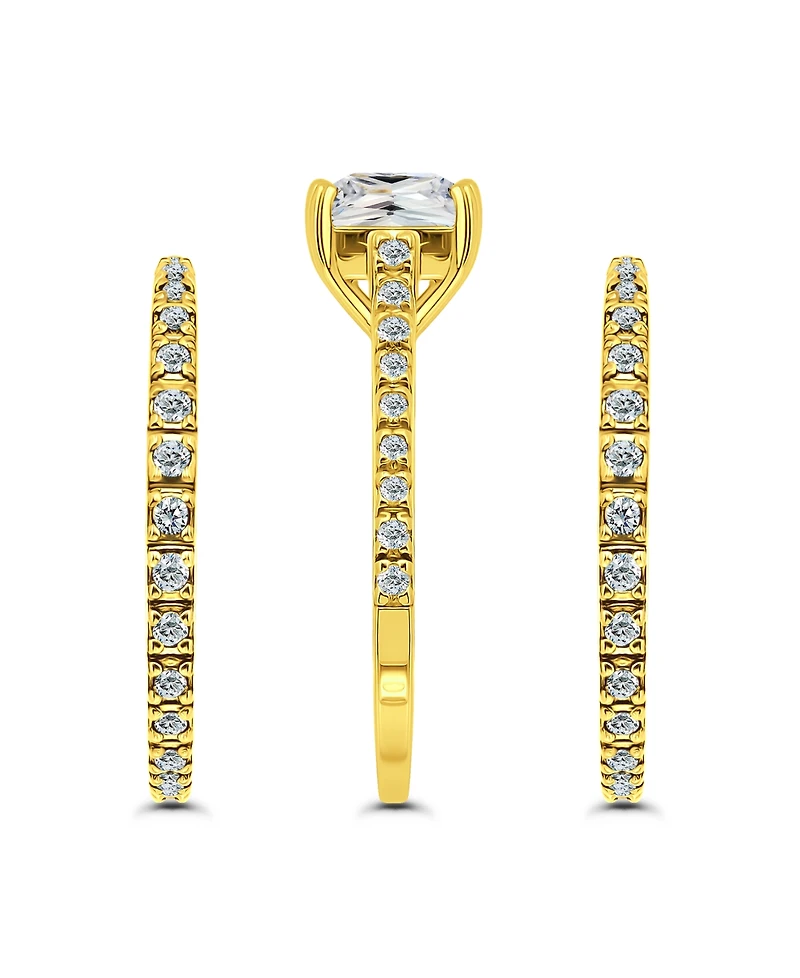 Macy's 3 3/4 cttw 3pc Set- 1-7mm Square Cut Cubic Zirconia Stone with Pave/Polish Combo Band + 2-Pave Rings