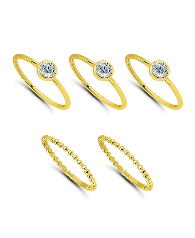 Macy's 1 1/5 cttw 5pc Set- 3-4mm Round Cubic Zirconia Cut Stones Bezel Set on 1.5mm Polish Band + 2- Beaded Rings
