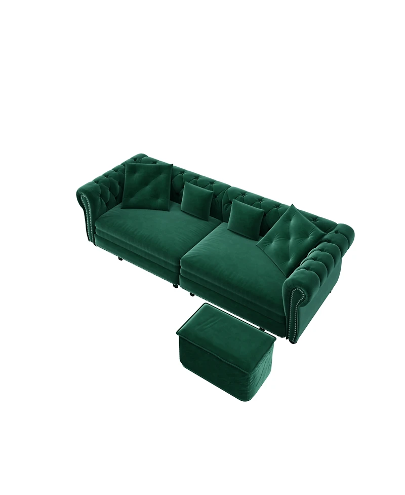 Streamdale Chesterfield Green Velvet King Size 3-in-1 Pull-Out Sofa Bed with Ottoman