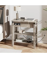 gaomon Narrow Flip-Top End Table with Drawer, Storage Shelves and Charging Station, Pale Oak