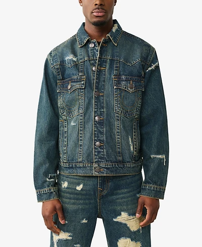 True Religion Men's Collared Destroyed Oversized Jacket