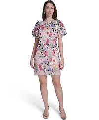 Eliza J Petite Boat Neck Floral Embroidered Mesh Dress