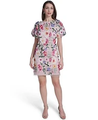 Eliza J Womens Boat Neck Floral Embroidered Mesh Dress