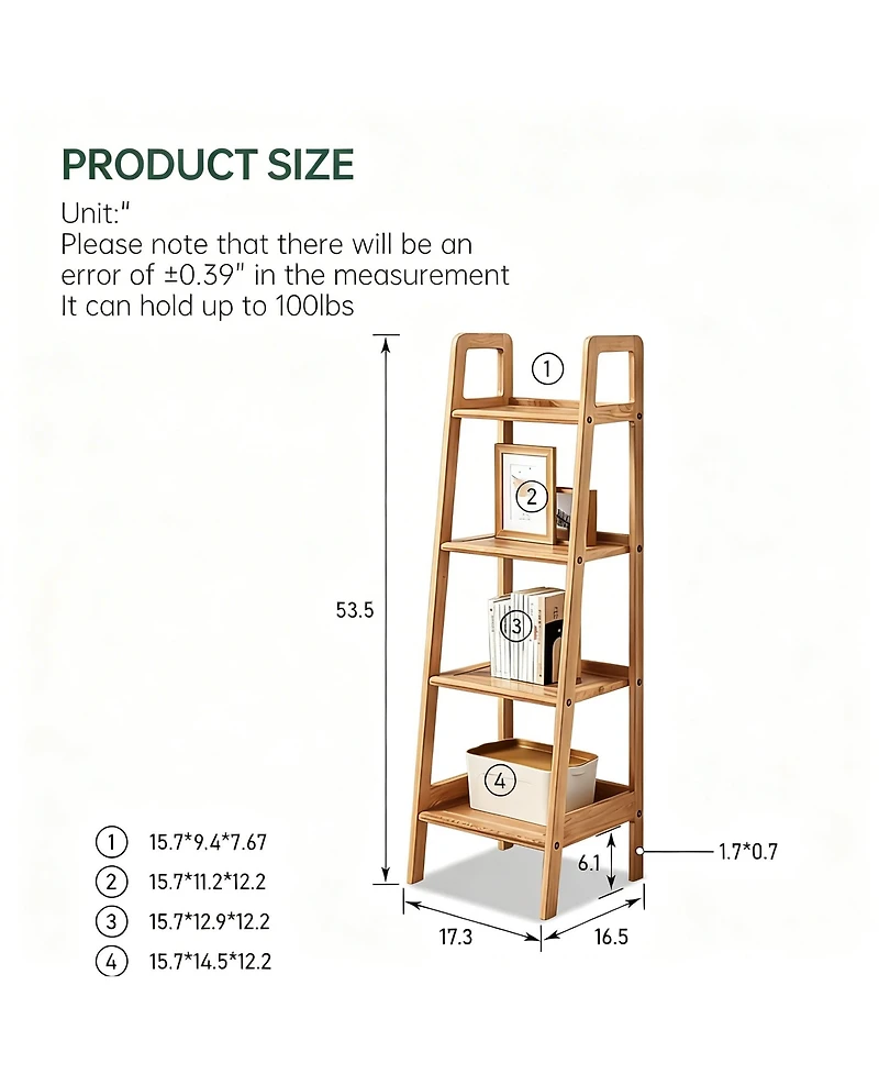 Yigii Solid Oak 4 Tier Ladder Shelf Small Bookcase Stable Frame Living Room Bedroom