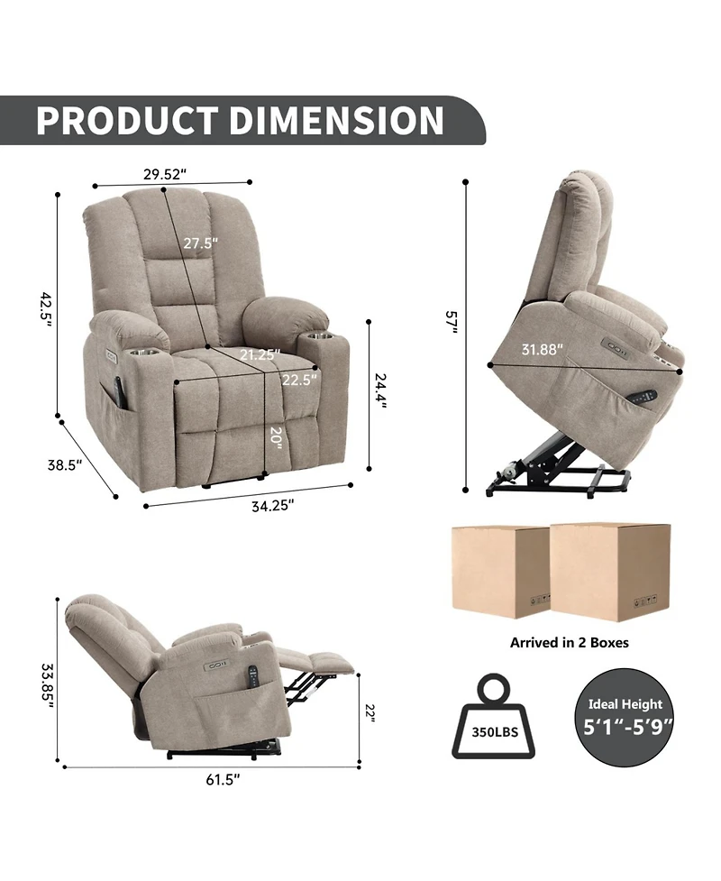 Streamdale Furniture Power Lift Recliner Chair with Massage, Heat, Usb Ports, Khaki