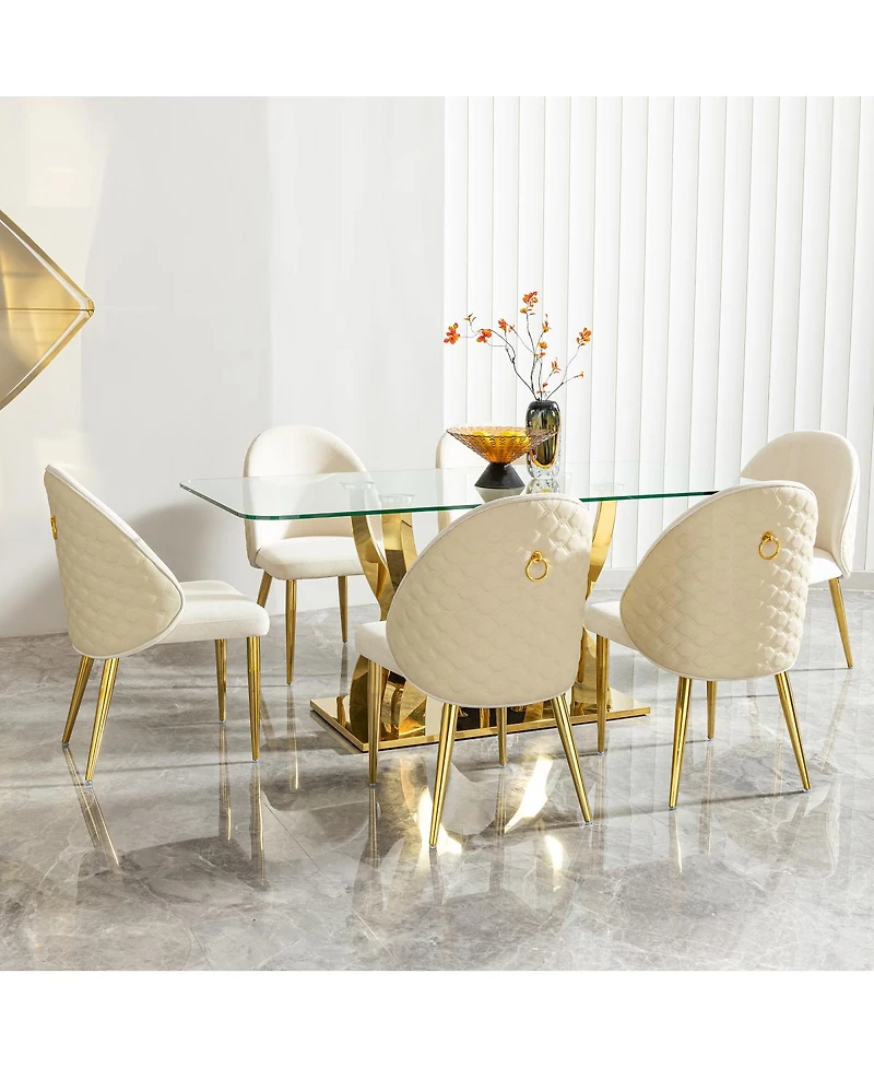 Streamdale Furniture Luxury Glass Dining Table for 6, Clear Glass Top, Gold Curved Base