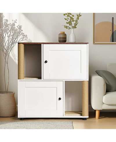 Aostirmotor Double Cat Litter Box Enclosure – White & Vintage Cabinet with Shelf, Fits Two Cats & Most Litter Boxes, Hidden Design