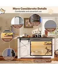 Aostirmotor Farmhouse Cat Litter Box Enclosure with Sliding Barn Door – White Nightstand Cabinet with Led Light & Storage, Hidden Cat Furniture