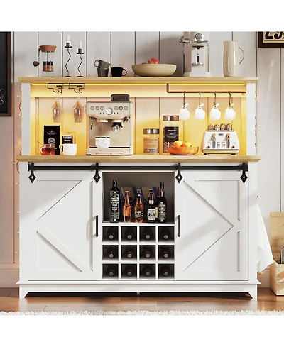 gaomon Farmhouse 55" Coffee Bar Cabinet with Sliding Barn Door & Power Outlet Led Light, Large Kitchen Hutch