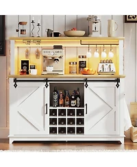 gaomon Farmhouse 55" Coffee Bar Cabinet with Sliding Barn Door & Power Outlet Led Light, Large Kitchen Hutch