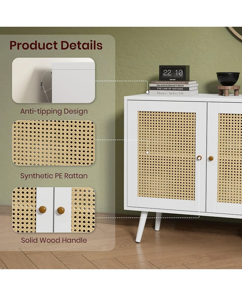 gaomon 47.2" Rattan Sideboard Buffet Cabinet with 3 Doors,Boho Adjustable Shelves, White Console Table for Living R