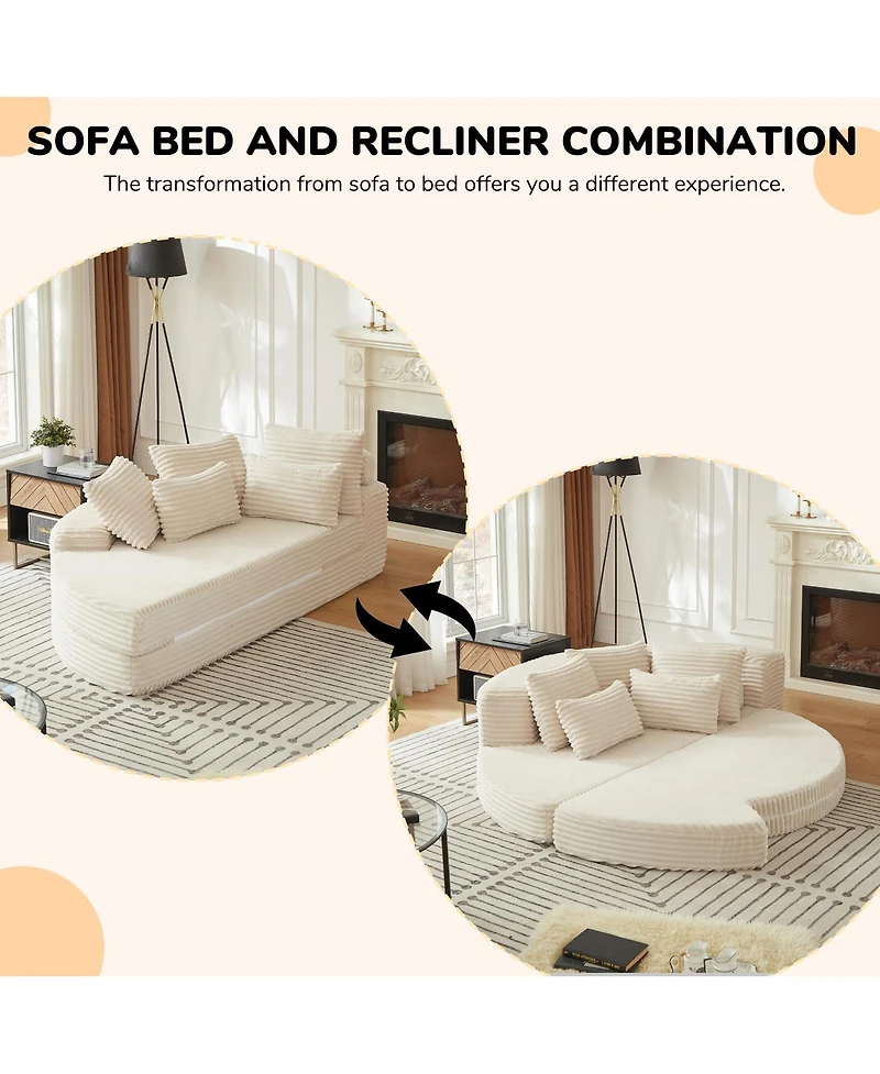 Streamdale Furniture Corduroy Semi-Circular 2-in-1 Sofa Bed with Neck Pillow & 5 Throw Pillows