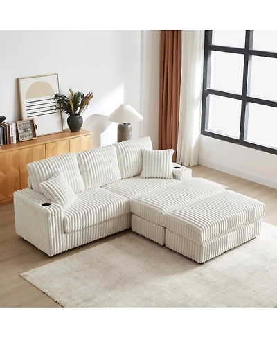 Streamdale Furniture 84" Corduroy 3-Seater Sofa w/ Pillows, Ottomans