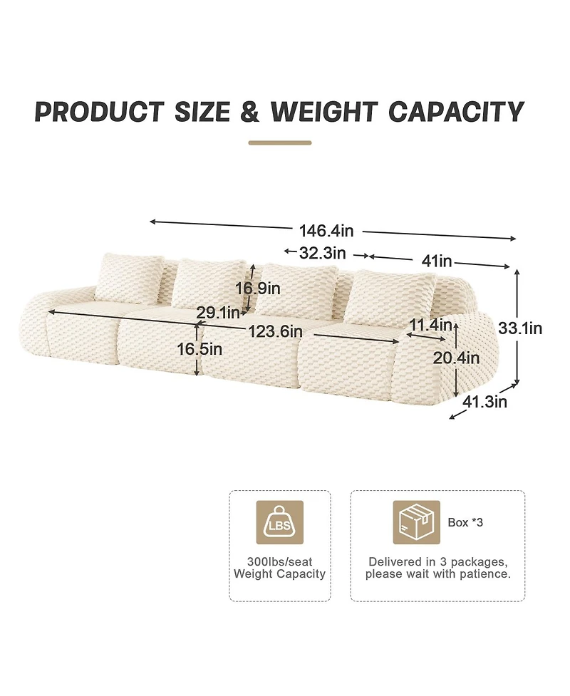 Streamdale Furniture Modern Modular Sectional Sofa - Cream, 4-Seater Flannelette Couch