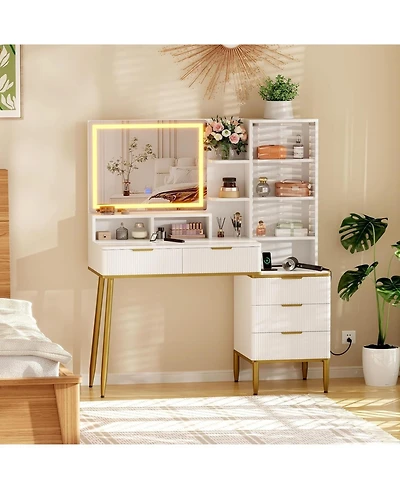 gaomon Modern Fluted Makeup Vanity Desk with Lighted Mirror, 5 Drawers and Power Outlet