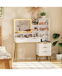 gaomon Modern Fluted Makeup Vanity Desk with Lighted Mirror, 5 Drawers and Power Outlet