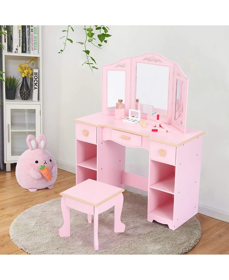gaomon Kids Pretend Play Vanity Set with Tri-Fold Mirror and Stool