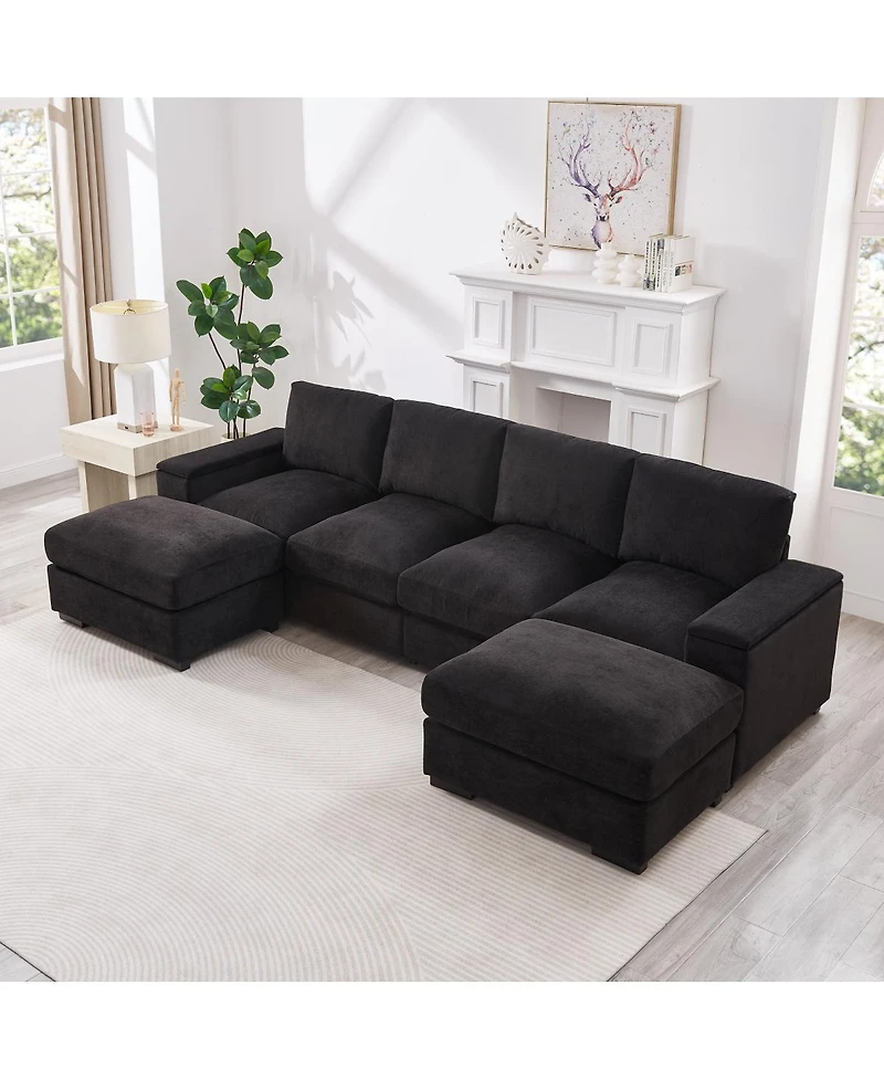 Streamdale Furniture Streamdale Black 4-Seat Corduroy Sectional Sofa Couch with 2 Ottomans