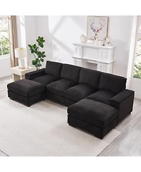 Streamdale Furniture Streamdale Black 4-Seat Corduroy Sectional Sofa Couch with 2 Ottomans