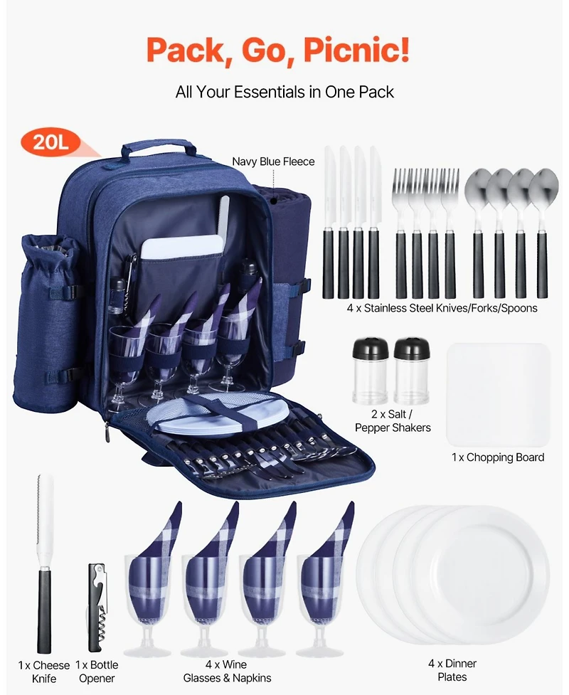 Mecale 4-Person Picnic Backpack with Insulated Cooler, Blanket and Tableware Set