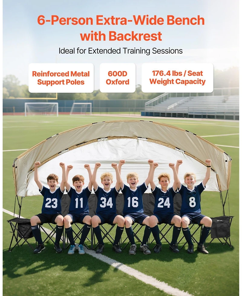 Mecale 6-Seat Portable Folding Sports Bench with Sunshade and Cup Holders