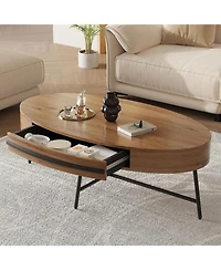 gaomon Mid-Century Modern Oval Coffee Table with Drawer and Cross Metal Legs