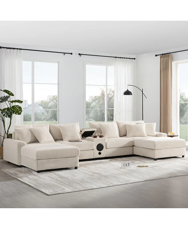 Streamdale Furniture Corduroy U-Shaped Sectional Sofa with Bluetooth, Usb, Cup Holders & Storage