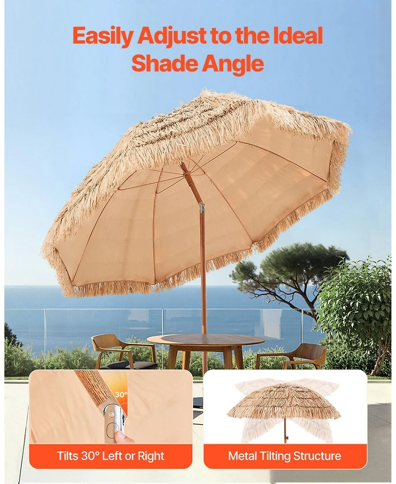 Mecale 8 Ft Thatched Tiki Patio Umbrella with Tilt and Metal Ribs