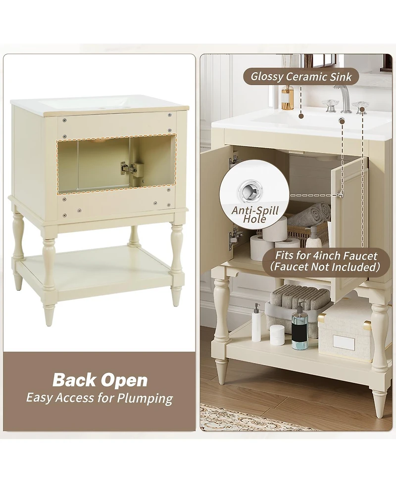Sillysis 24" Bathroom Vanity with Ceramic Sink, Solid Wood Legs, Carved Palace Style Cabinet, Open Shelf for Small