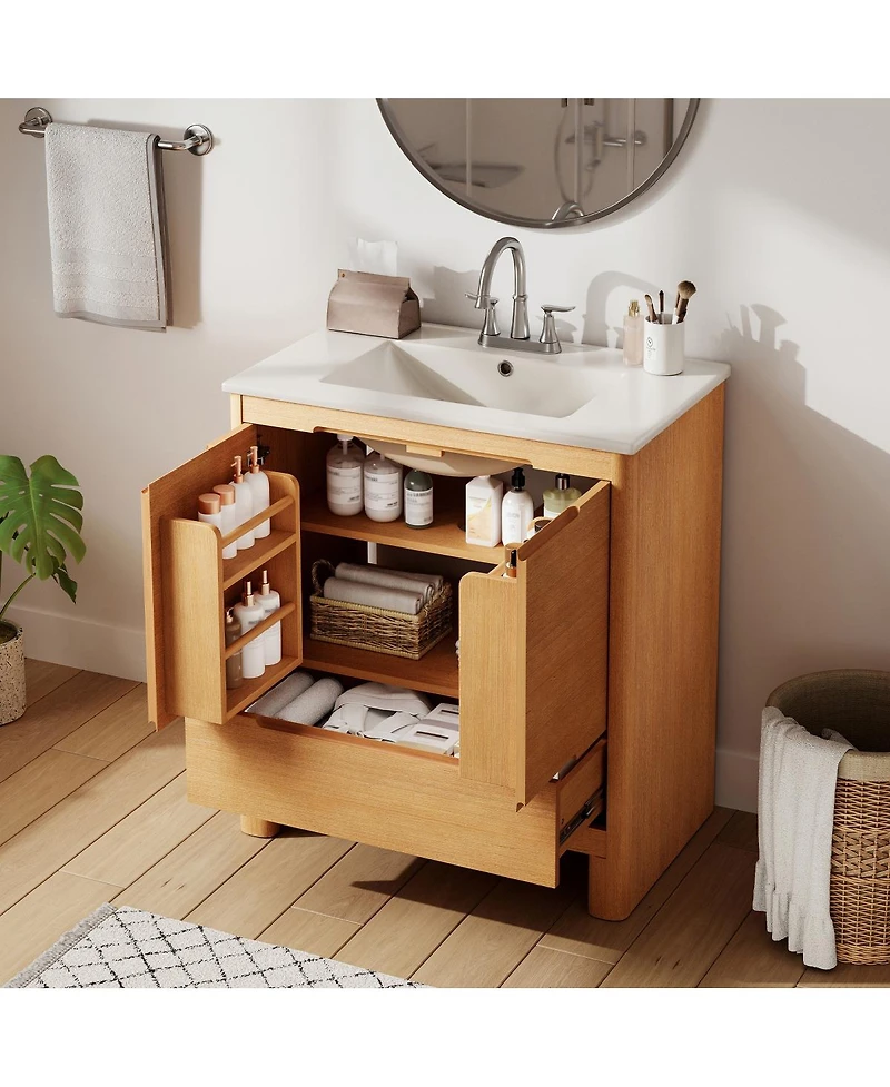 Sillysis 30" Modern Natural Bathroom Vanity with Ceramic Sink, Soft-Close Doors, Bottom Drawer Storage, Freestanding Cabinet