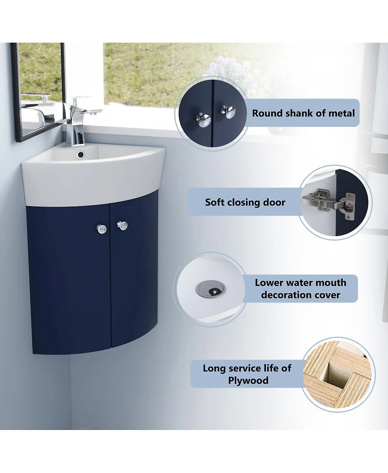 Sillysis Corner Bathroom Vanity with Sink, Wall Mounted Ceramic Basin, Soft Closing Doors, Pre-assembled for Small Spaces