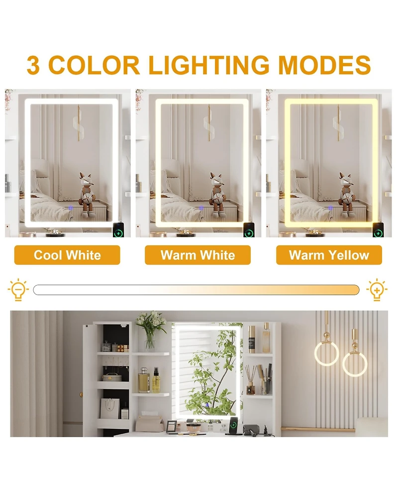 gaomon Modern Makeup Vanity Set with 3-Mode Lighted Mirror, Stool, 3 Drawers and Cabinet