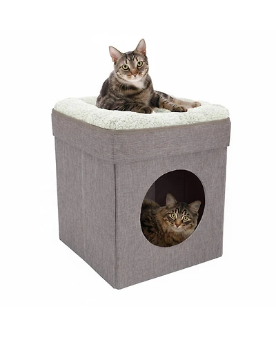 Aronkl 2 in 1 Cat Cube Bed Lounging Platform Foldable Portable with Washable Cushions