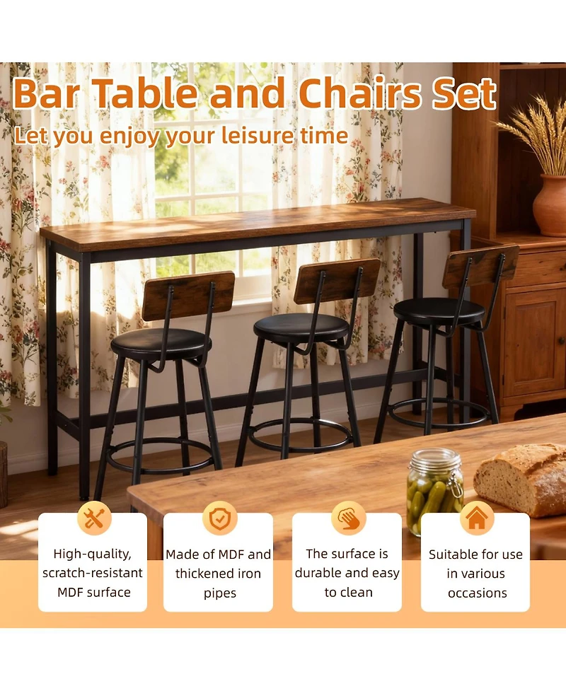 Streamdale Furniture Bar Table and Chairs Set for 3, 4 Piece Industrial Dining Set with Stools