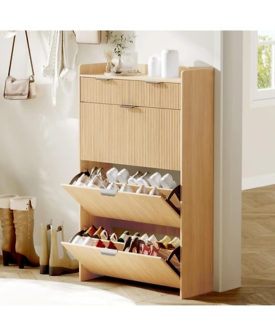 Homfan Modern Natural Shoe Cabinet with 3 Flip Drawers & 2 Small Drawers & Hook, Slim Fluted Shoe Storage Organizer, Narrow Entryway Cabinet