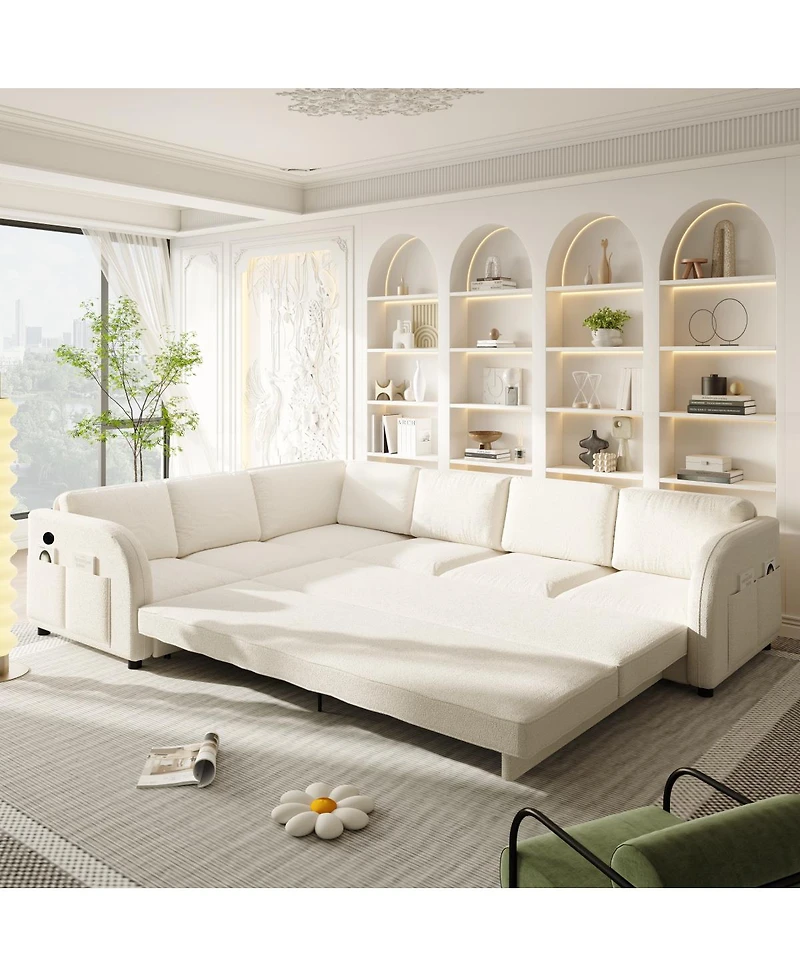 Streamdale Furniture Streamdale L-Shaped Sofa Couch with Pull-Out Bed & Usb Port, Teddy Upholstered Sectional