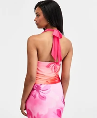 Bar Iii Women's Floral-Print Mesh Cowl-Neck Halter Top, Macy's Exclusive
