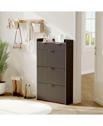 Homfan Modern Natural Shoe Cabinet with 3 Flip Drawers & 2 Small Hook, Slim Fluted Storage Organizer, Narrow Entryway