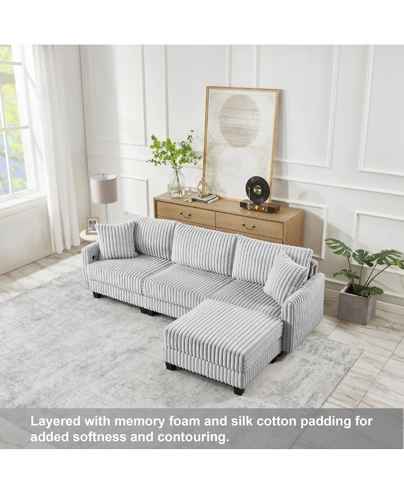 Streamdale Furniture 100-inch L-shaped corduroy sofa with modular seating and built-in charging ports