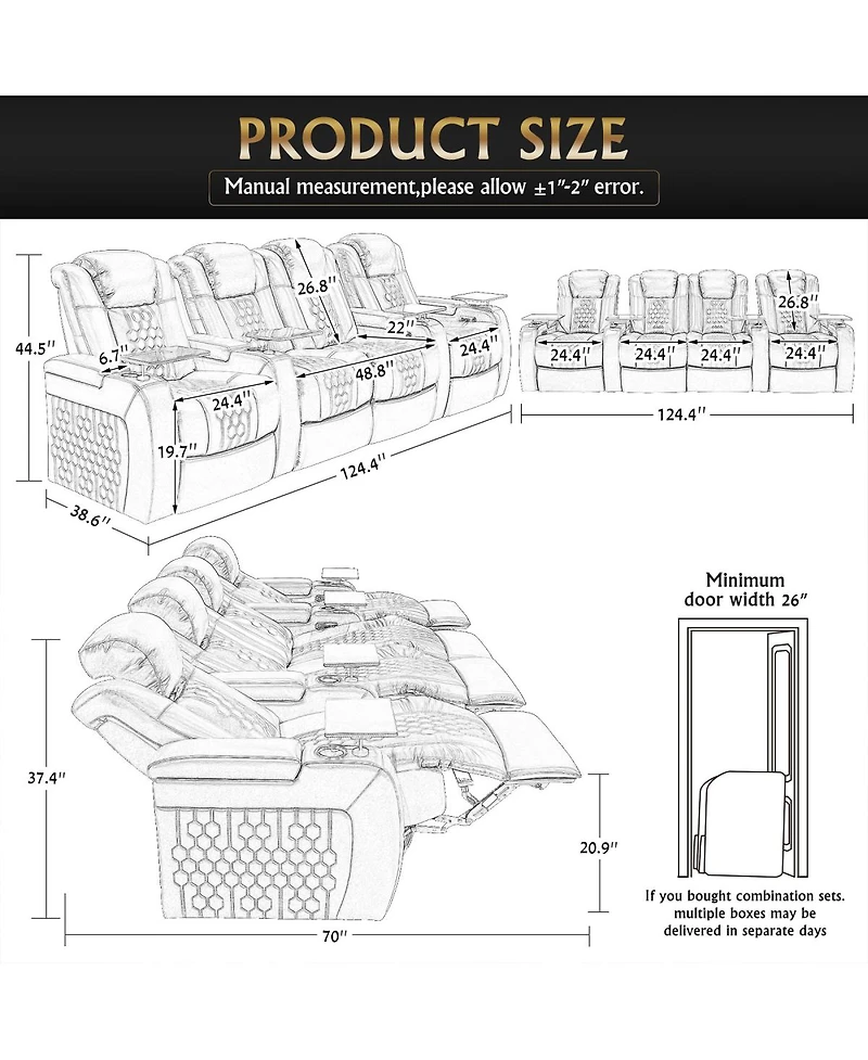 Streamdale Furniture Power Recliner 4 Pc, Top-Grain Nappa, Adjustable, Smart Charging, Rgb Led