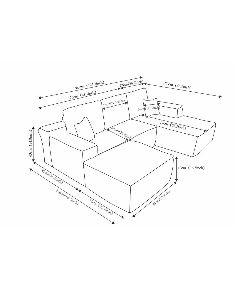 Streamdale Furniture 104" U-Shape Cloud Sectional Sofa with Chaise & Side Pockets, Plush Fabric