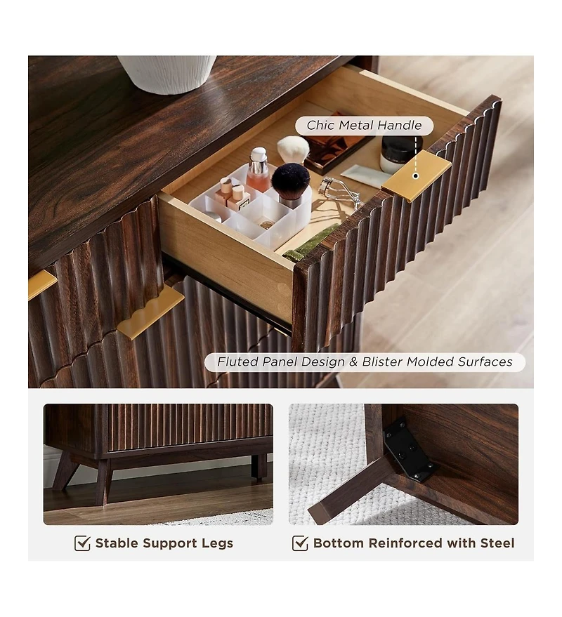 gaomon 54" Modern Fluted Wood 7-Drawer Dresser with Faux Marble Top, Walnut